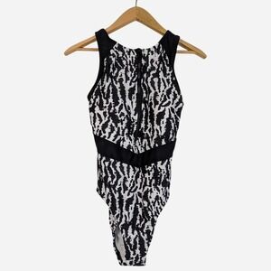 Xersion Black White Zip Front One Piece Swimsuit Medium Coverage NWT Large